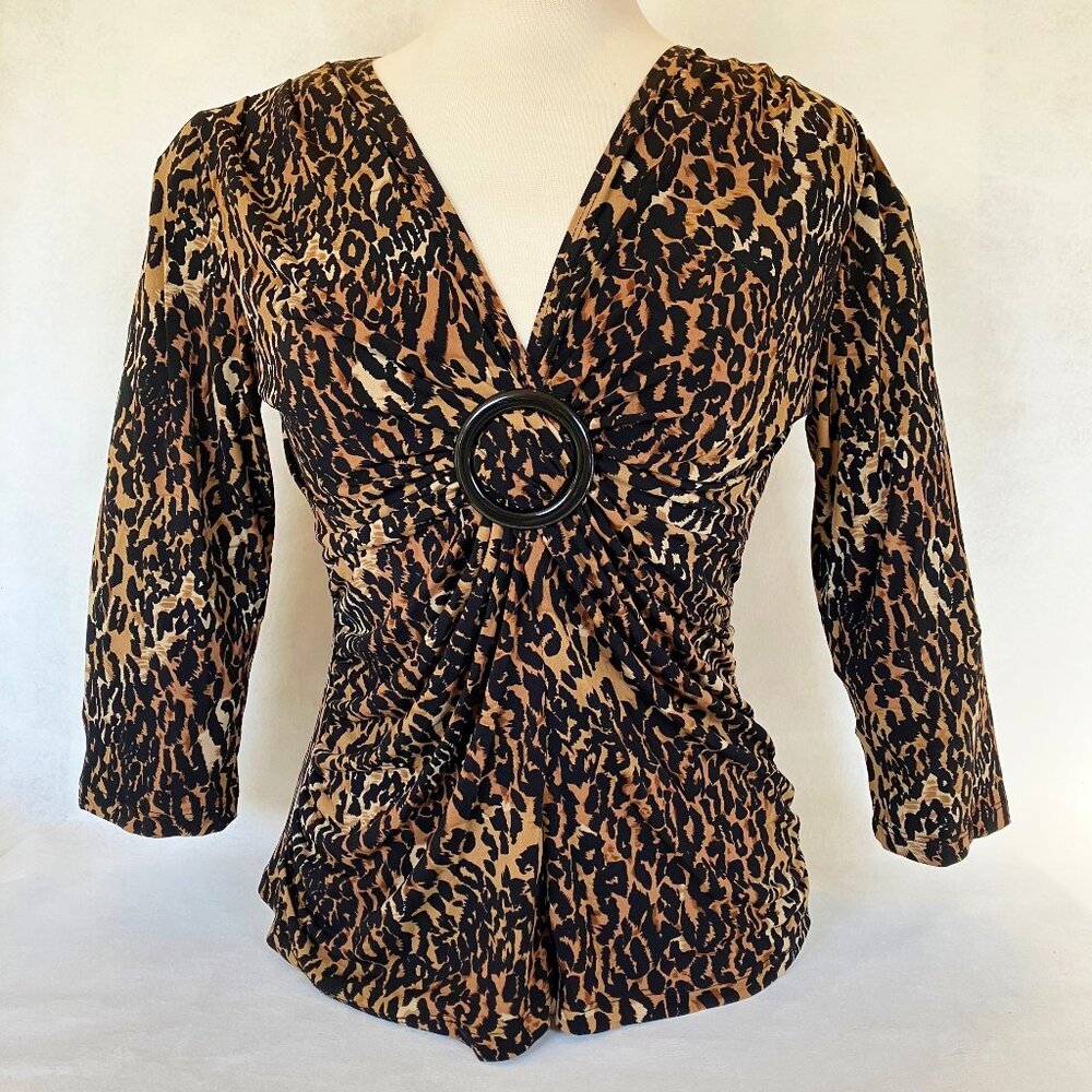 I.N. Studio Blouse Top Animal Print Stretch Womens Leopard Shirt 3/4 Sleeve Sz L